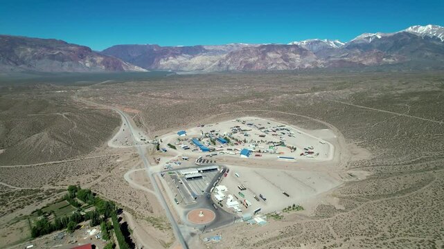 Aerial view of truck customs in Uspallata, Mendoza, Argentina.