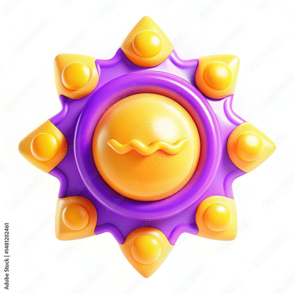 Poster a bright and colorful sun-shaped design with a purple and orange color scheme, featuring playful but