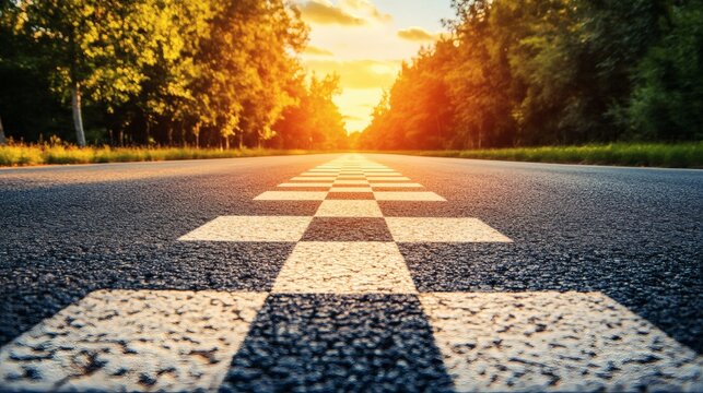 A road towards the finish line, symbolizing achievement and the journey to success at sunrise.