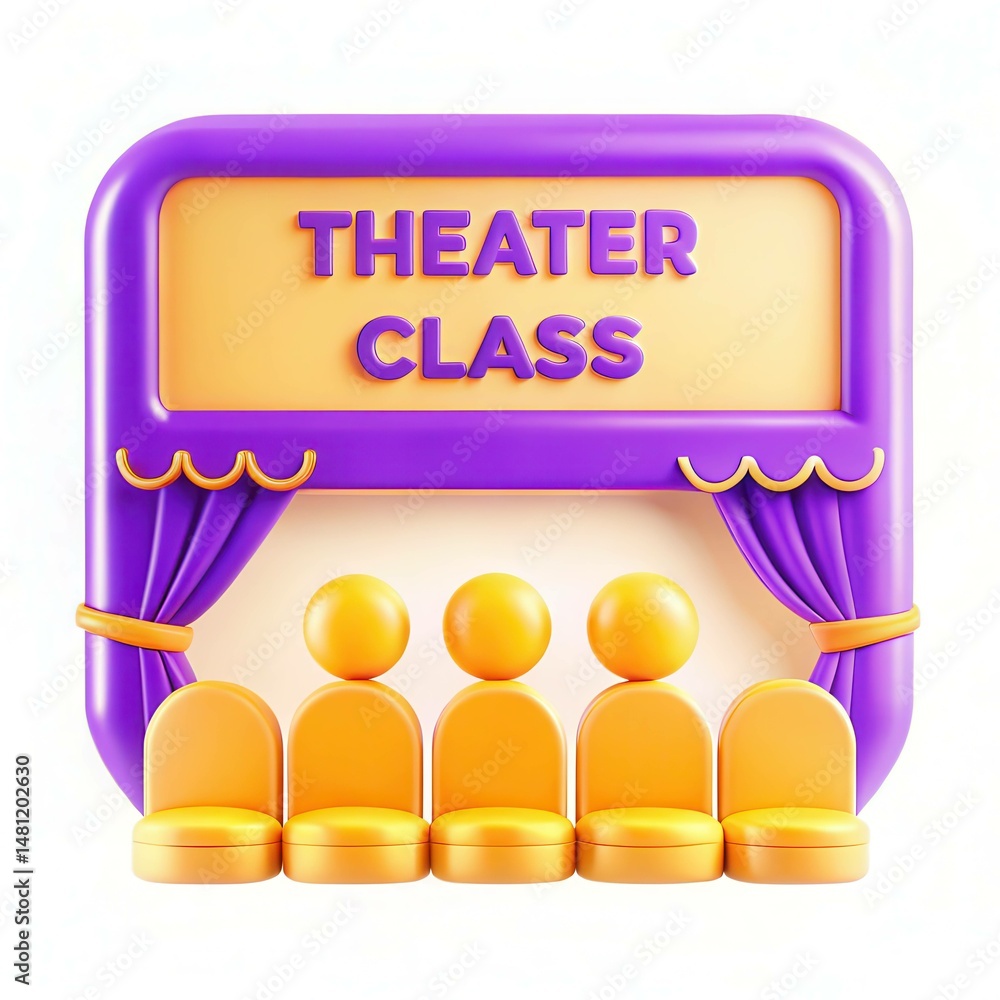 Poster a colorful 3d design of a theater class sign with seating and curtains.