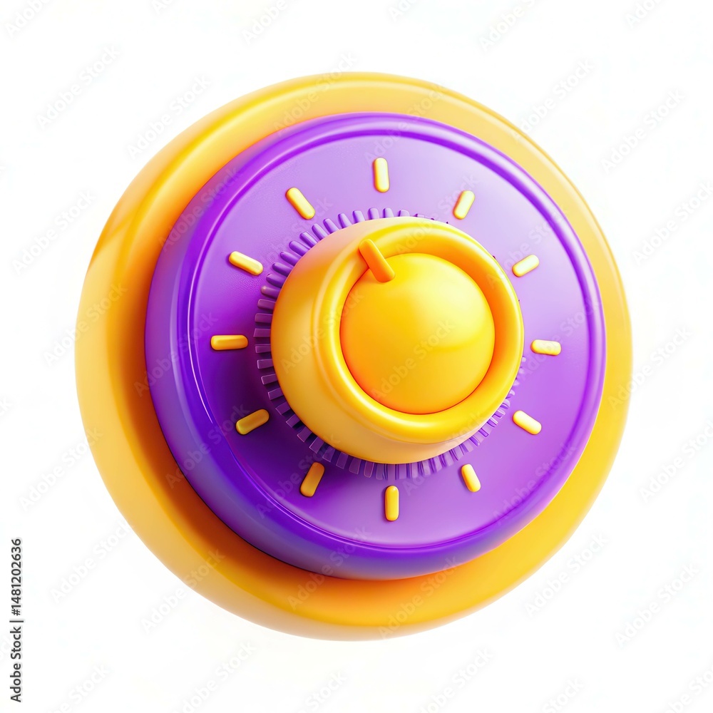 Poster a colorful knob with purple and yellow circular design elements, featuring a central dial and markin