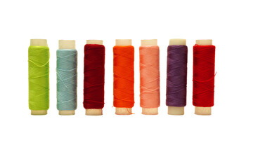 Thread spools background. Various colors sewing kit. Collection of threads. Vibrant vivid colors. Sew threads. Tailor shop texture, isolated on white background 