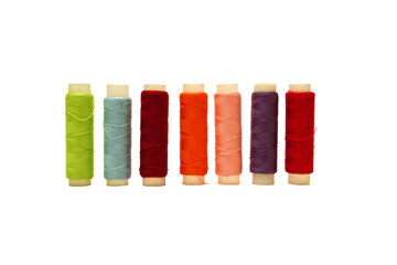 Thread spools background. Various colors sewing kit. Collection of threads. Vibrant vivid colors. Sew threads. Tailor shop texture, isolated on white background 
