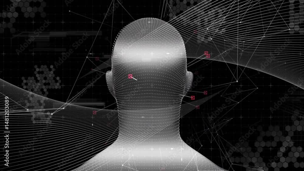 Poster digital head rotating on data network interface, featuring glowing wave lines and red data icons