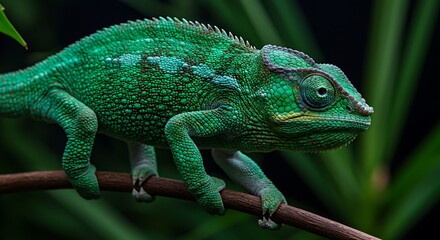 Obraz premium Green chameleon on branch detailed wildlife reptile close up