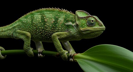 Obraz premium Green chameleon on branch displaying unique scale texture detail