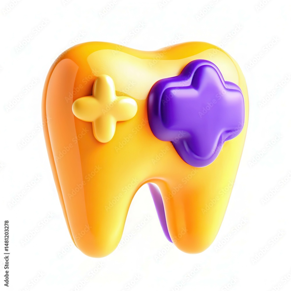 Poster a bright and colorful 3d representation of a tooth with playful design elements and contrasting colo