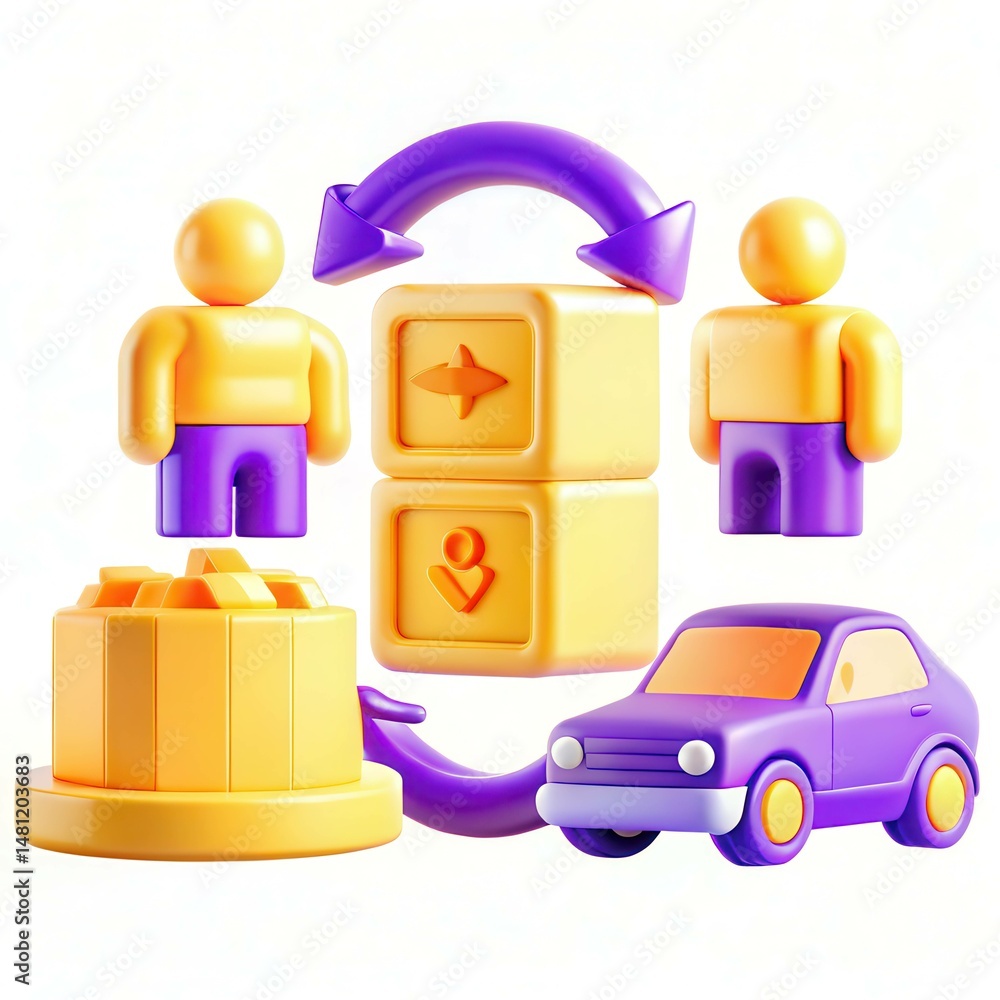 Poster colorful 3d figures and objects representing logistics and services with arrows and a car.