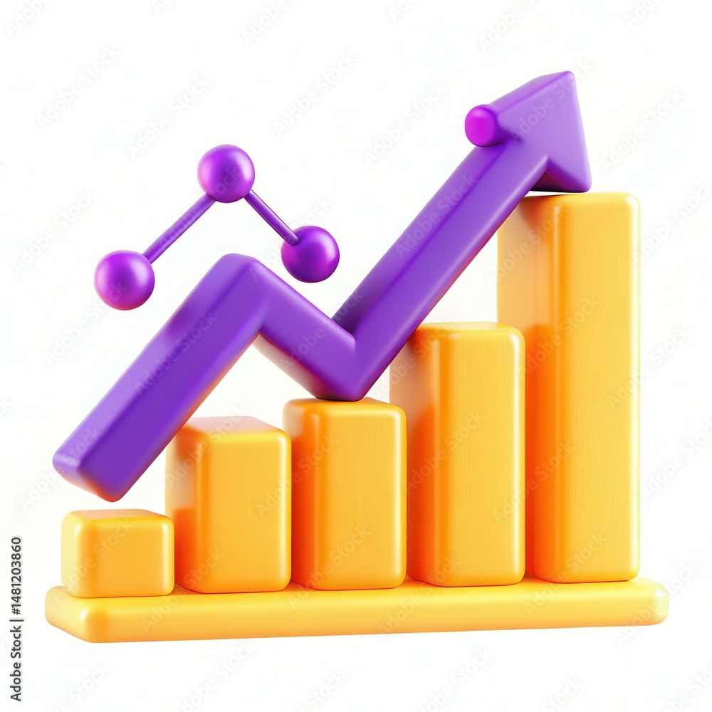Poster a colorful 3d graph showing rising trends with stacked bars and an upward arrow.