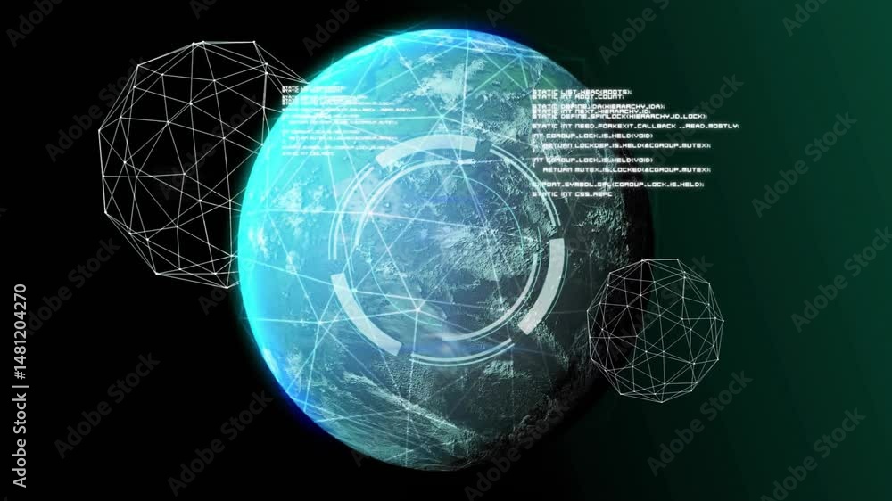 Poster it team visualizing global network simulation, with hud overlay, wireframe spheres and code blocks