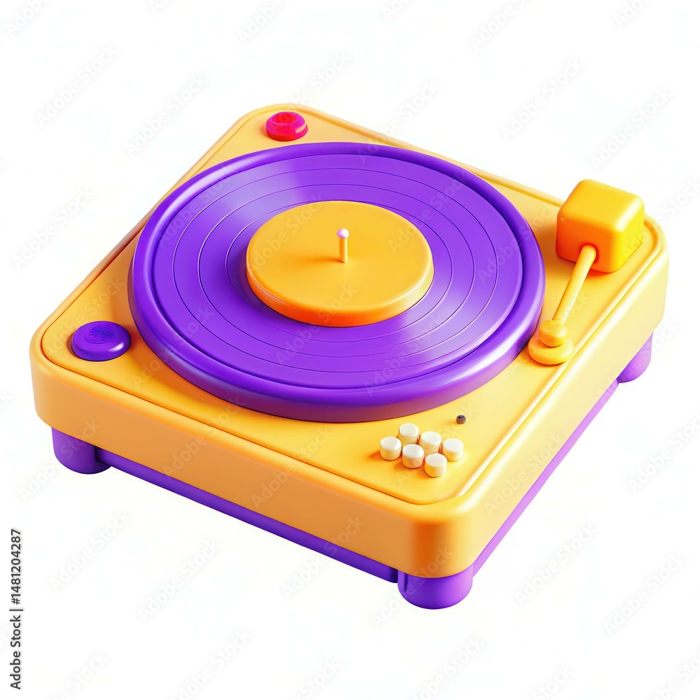 Poster a colorful toy record player in vibrant purple and orange colors with a simple design.