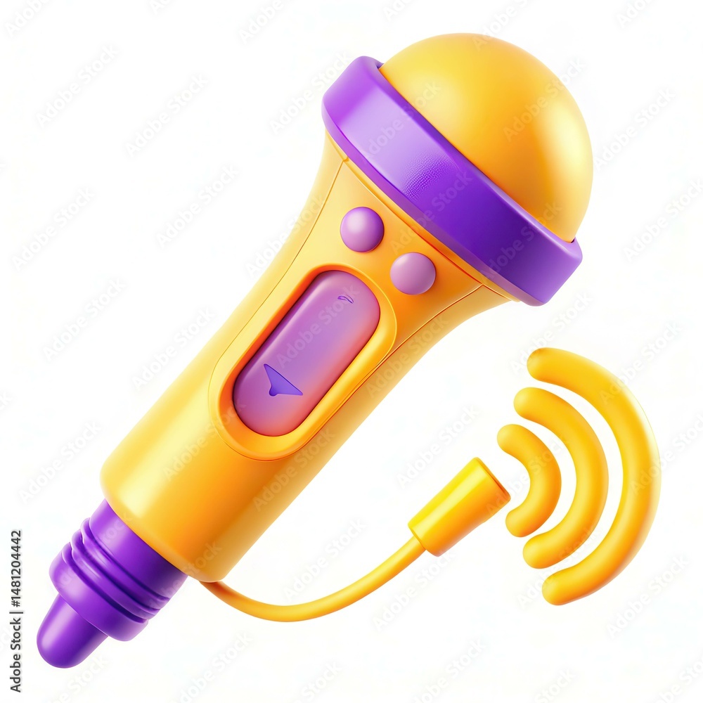 Poster a colorful microphone with a purple top and yellow body, featuring a button and sound waves emanatin