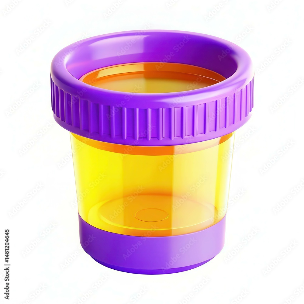 Poster a colorful container with a purple lid and a transparent yellow body, designed for storage or sample