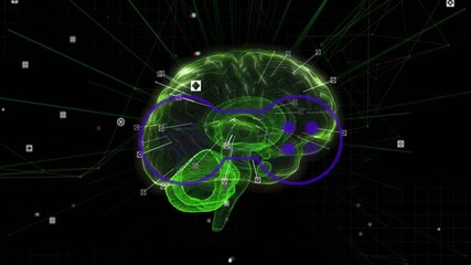 Neon green wireframe brain interacting with purple game controller in tech showing annotation icons - Powered by Adobe
