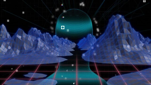 Dotted teal head silhouette floating over red grid floor, technology theme with floating data icons