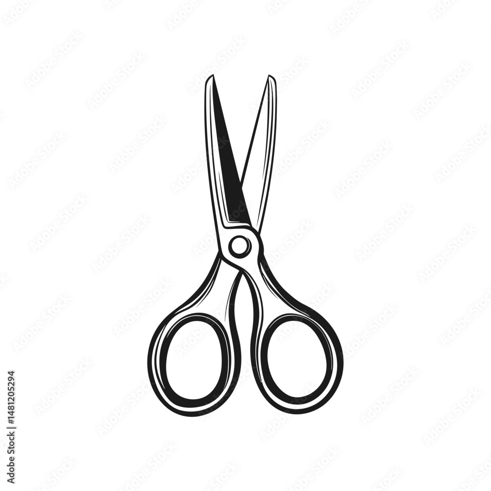 Poster black and white drawing presents an open pair of scissors with a transparent background