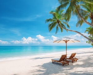 Fototapeta premium Tropical Beach Scene with Lounge Chairs and Umbrella