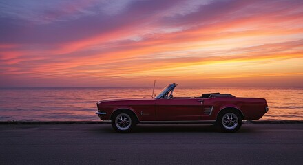 Classic convertible car at sunset over water
