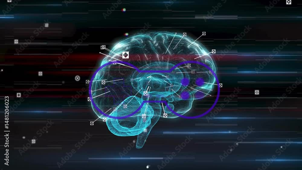 Poster graphic designer exploring ar neural mapping interface, highlighting wireframe brain and data icons