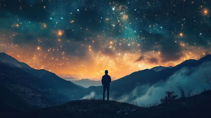 Person Contemplating Majestic Mountain Vista Under a Starry Night Sky