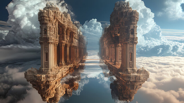 Reflecting the fantastical realm a mirror s duality of reality and dreams. illusionary mirror portal. illustration. [Mirrored Realms] | Reflection Spire | inverted tower. Illustration