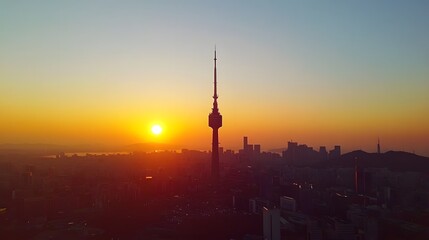Sunrise cityscape view featuring a tall tower.