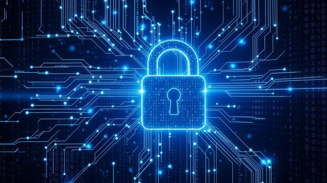 Padlock icon in glowing matrix with digital network motion