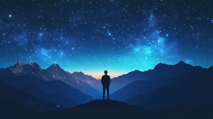 Silhouette gazes at the celestial expanse above majestic mountain range