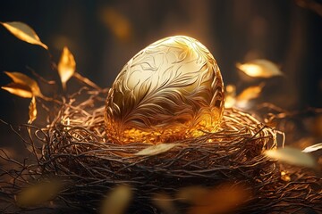 Fototapeta premium ornate golden egg with intricate leaf patterns resting in a nest of twigs surrounded by softly glowing golden leaves in warm ambient light