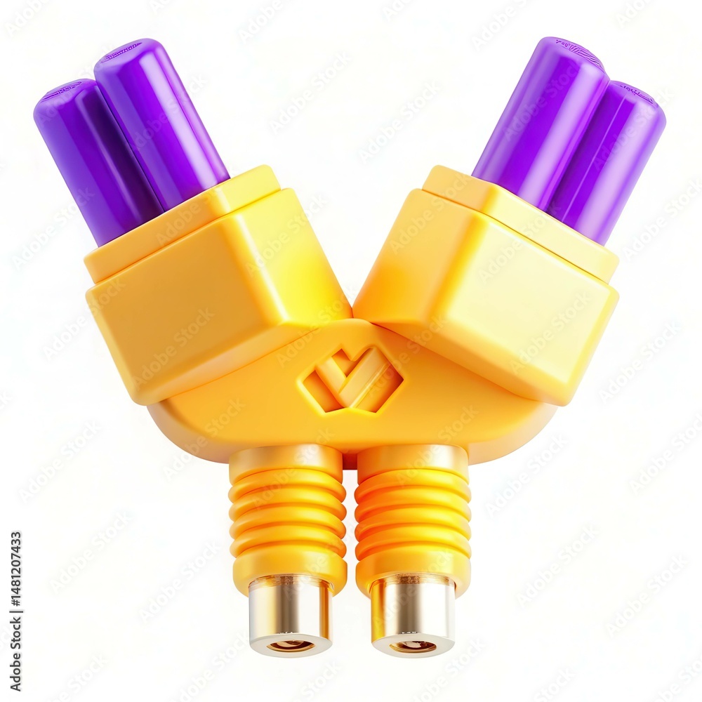 Poster a close-up view of a yellow and purple connector with two prongs, creating a unique shape.