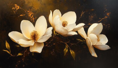 Creamy magnolia blossoms on a dark background.  Rich, detailed painting of three magnolia flowers with delicate petals and stamens.  Dark, textured backdrop with gold highlights