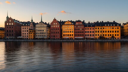 Obraz premium Colorful European city buildings reflected in a tranquil river at sunset.