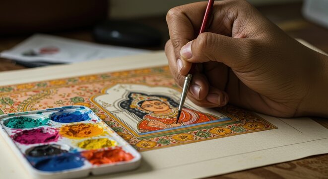 Close-up of a hand painting a miniature art piece.  Details of colorful pigments and brushstrokes
