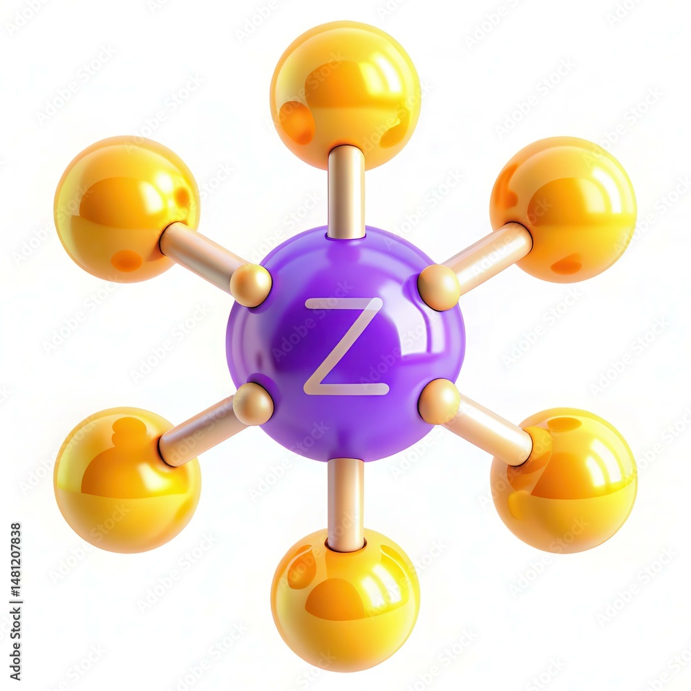 Poster a 3d illustration of an atom-like structure with colorful spheres representing particles connected b