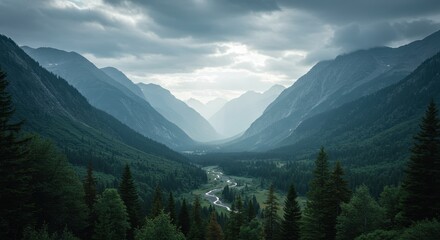Obraz premium Dramatic mountain valley landscape with dark clouds, green pine forests, and a winding river under a moody sky