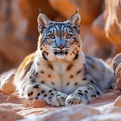Obraz premium Majestic snow leopard resting on rocks