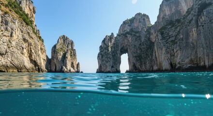 Coastal archway, crystal-clear water, dramatic cliffs