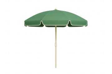 Single open patio umbrella with green fabric and beige pole on transparent background