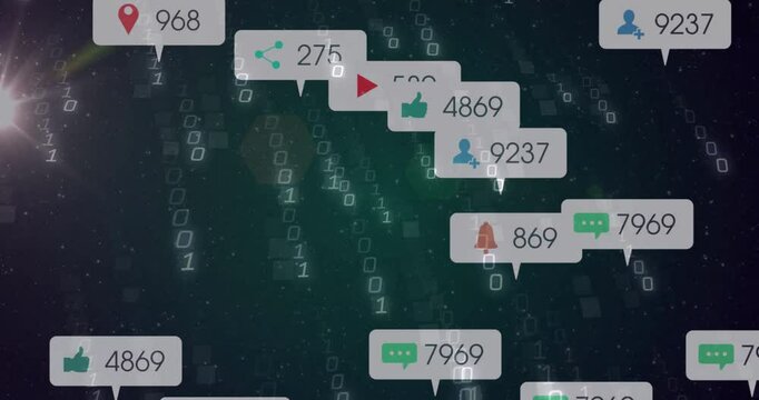 Floating 3D notification panels showing social media counts swirling around binary code