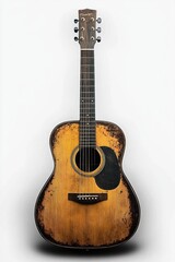 Obraz premium Worn vintage acoustic guitar with a sunburst finish and weathered wood texture on a white background