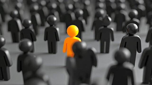 Orange figure stands out among black crowd in animation