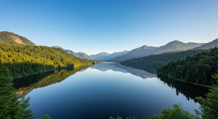 Fototapeta premium Lake reflection representing serenity and peacefulness, with mountains and forest