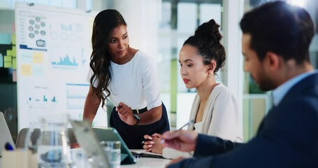 Brainstorming, colleagues and people with tablet, discussion and collaboration for project in boardroom. Business, team and group with tech for marketing campaign, talk and data analysis for research - Powered by Adobe