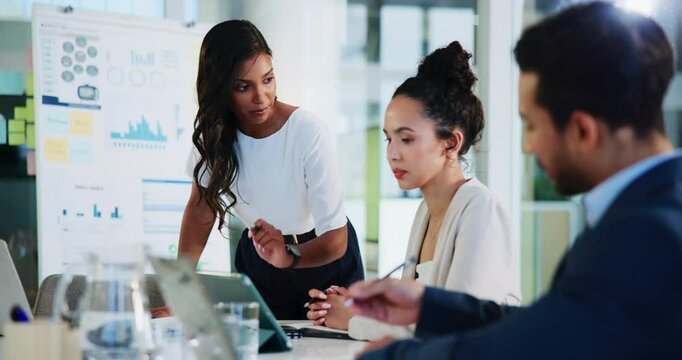 Brainstorming, colleagues and people with tablet, discussion and collaboration for project in boardroom. Business, team and group with tech for marketing campaign, talk and data analysis for research - Powered by Adobe