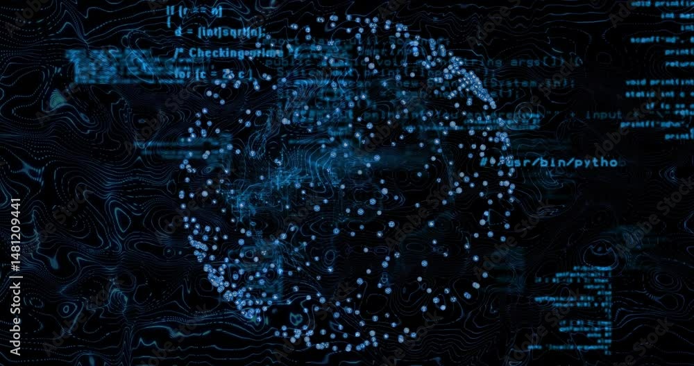 Poster Spherical network showing glowing blue nodes pulsing with floating code snippets in dark 3D render