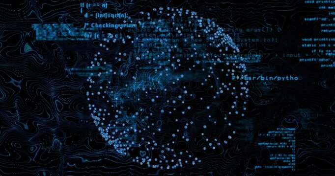 Spherical network showing glowing blue nodes pulsing with floating code snippets in dark 3D render