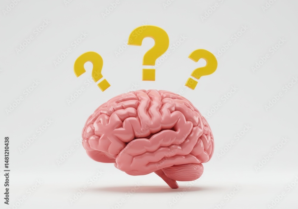 Poster anatomical brain model with yellow question marks floating above it on a plain backdrop