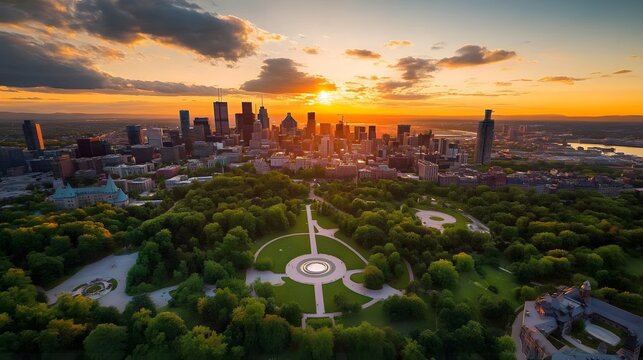 Elevated view of cityscape at sunset over parkland.