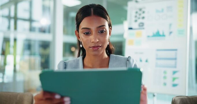 Tablet, research and business woman in office for reading data, financial email or scroll. Technology, analysis and worker check report for stats, investment trends or performance analytics online