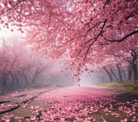 Mesmerizing pink sakura petal descent, blurred background showcasing seasonal beauty ,  delicate,  vibrant,  photo